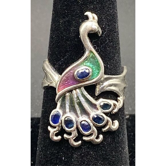 Sterling Silver 925 pink green enamel peacock ring with six oval blue sapphires - Picture 4 of 10